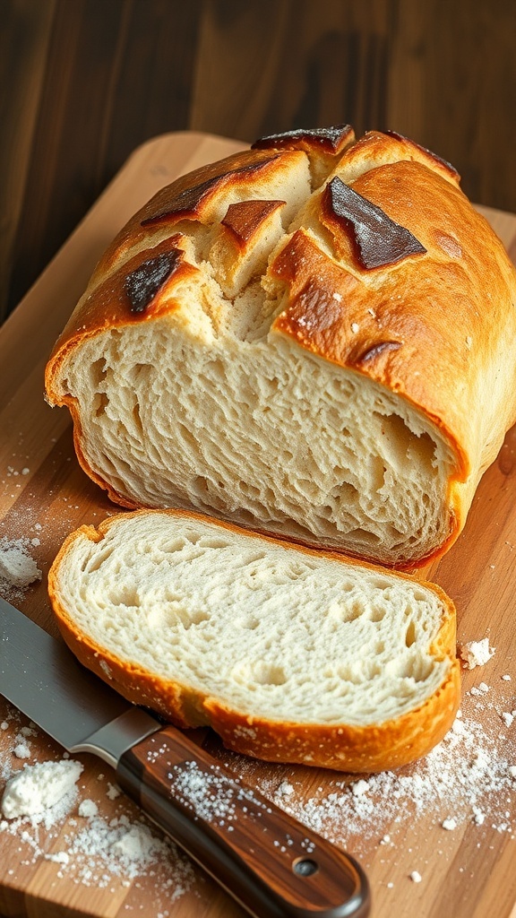 Classic Sourdough Bread Recipe from King Arthur A golden-brown crusted sourdough bread loaf on a wooden board, sliced to reveal its airy interior.